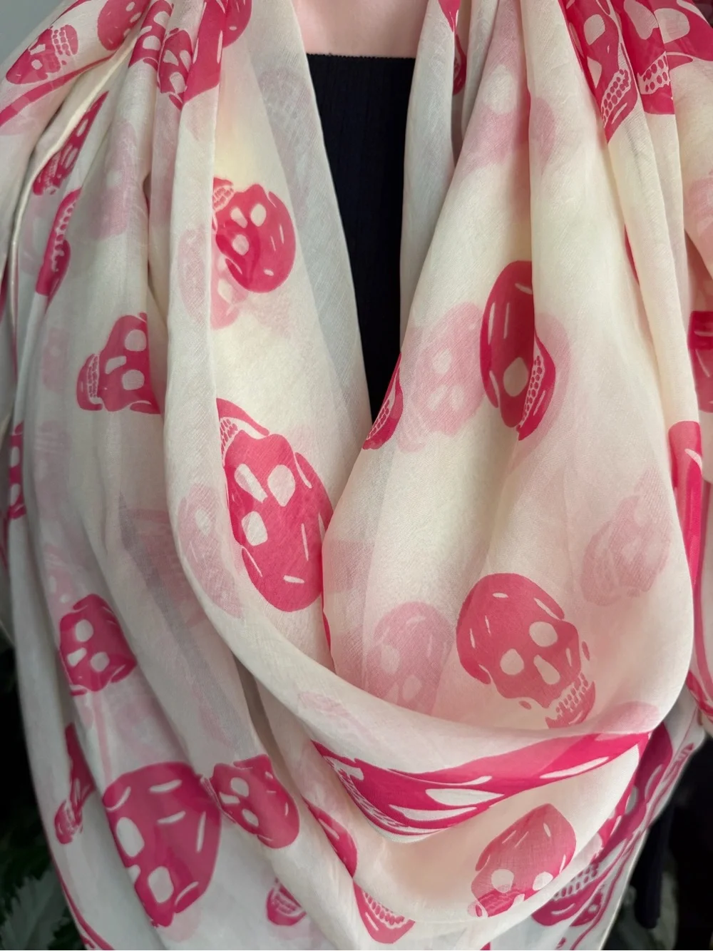 Alexander McQueen Sheer Pink Skull Print Wrap Silk Scarf.